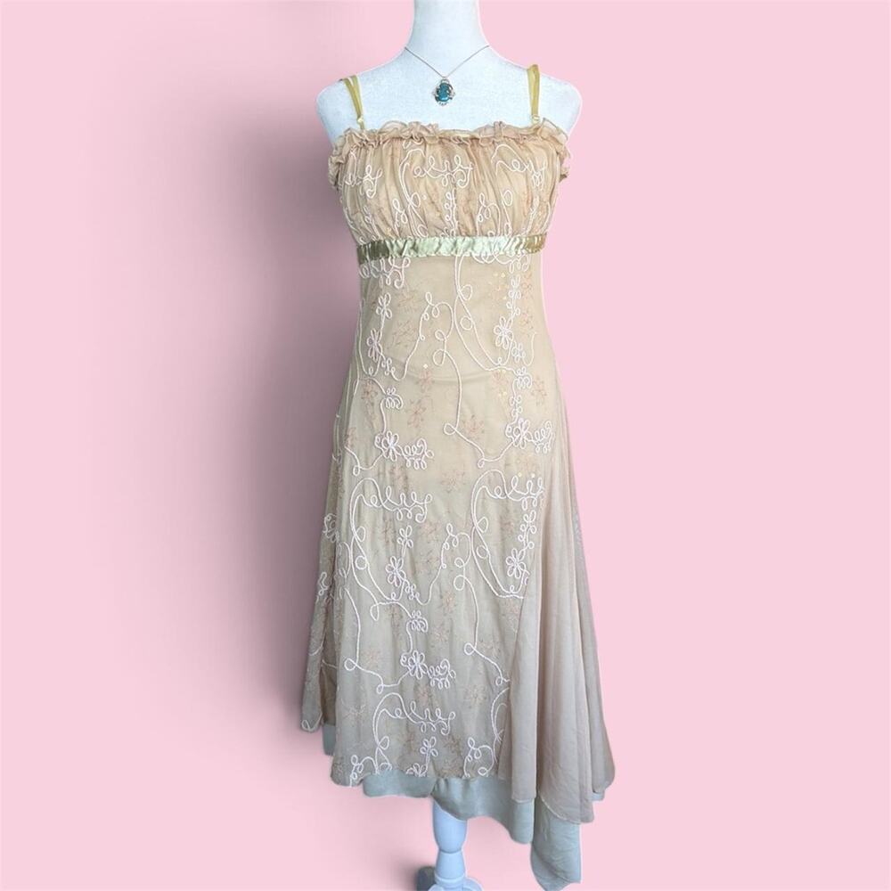 Lulu H Paris cream & tan asymmetrical fairy dress with embroidery and sequins